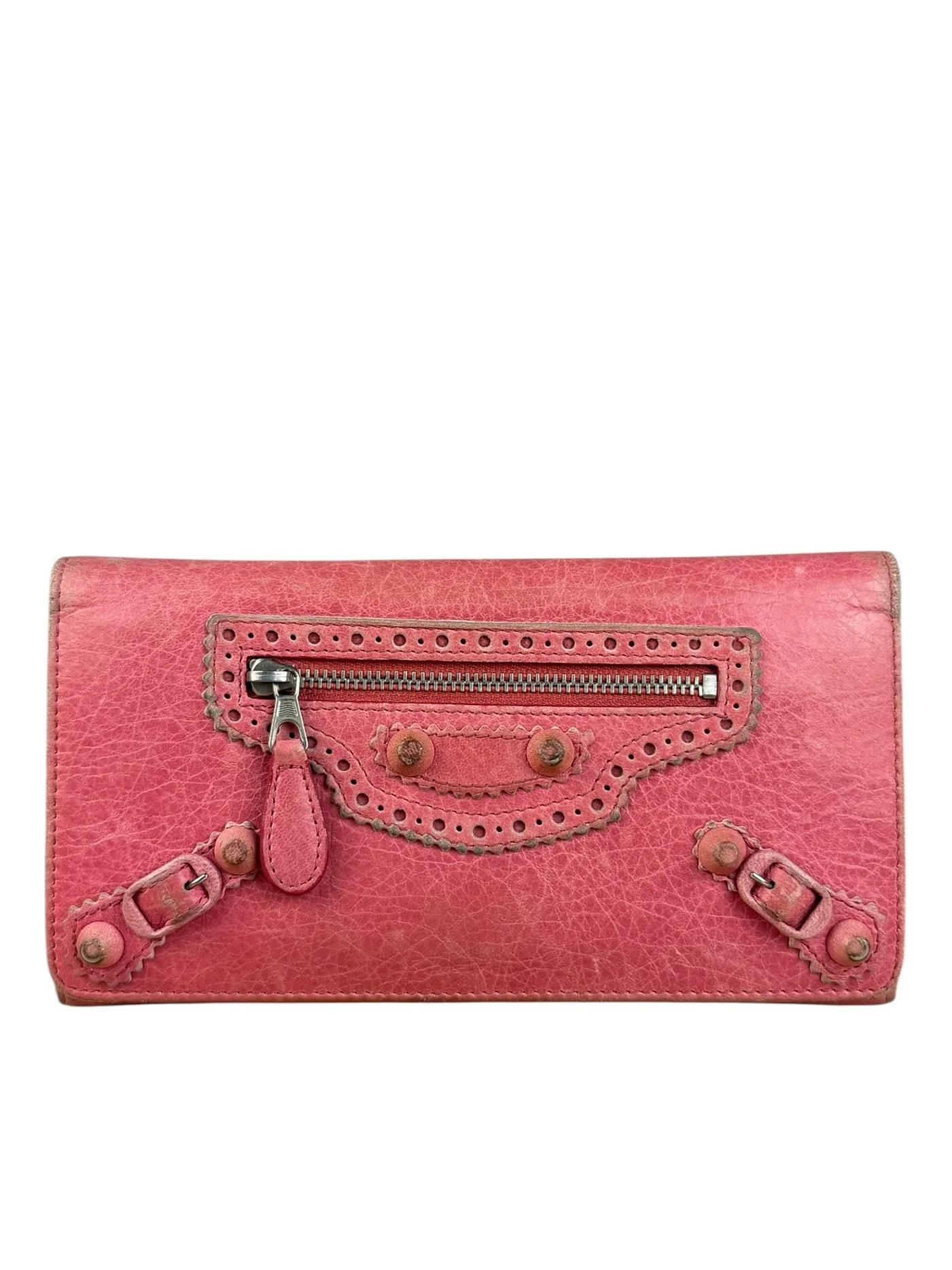 Balenciaga Pink Leather Moto Long Wallet