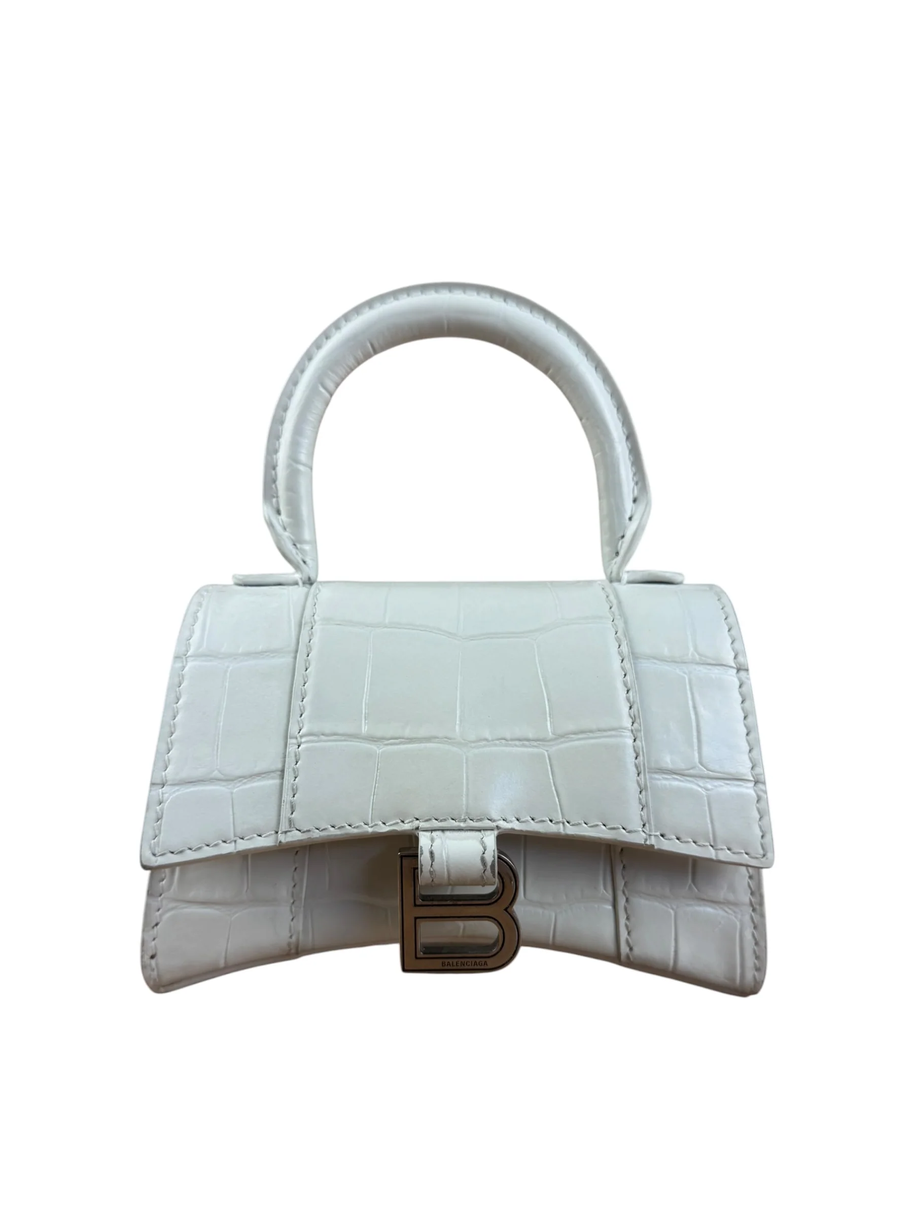 Balenciaga White Croc Embossed Nano Hourglass Bag