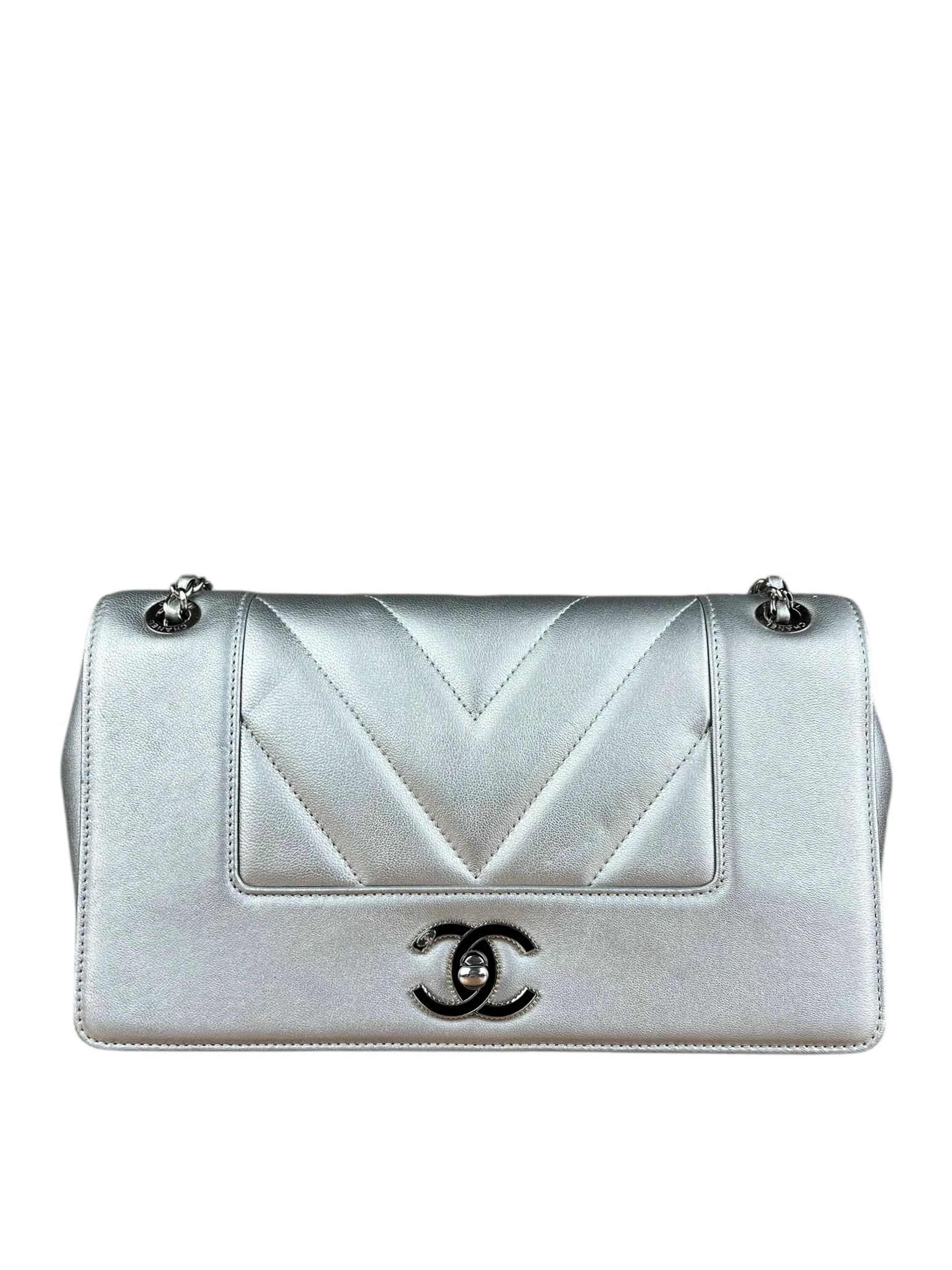 Chanel 2017 Mademoiselle Silver Chevron Single Flap
