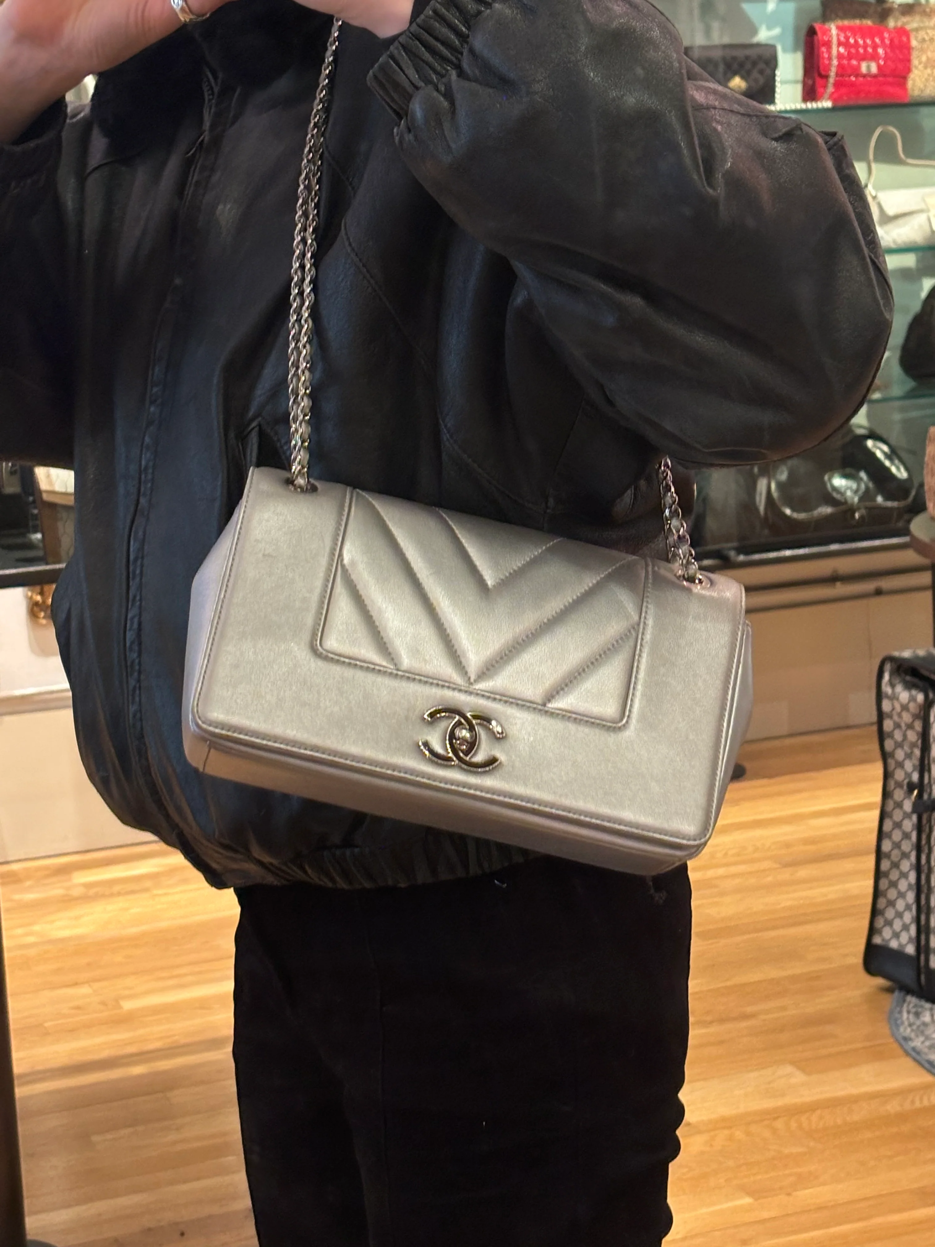 Chanel 2017 Mademoiselle Silver Chevron Single Flap - Image 2