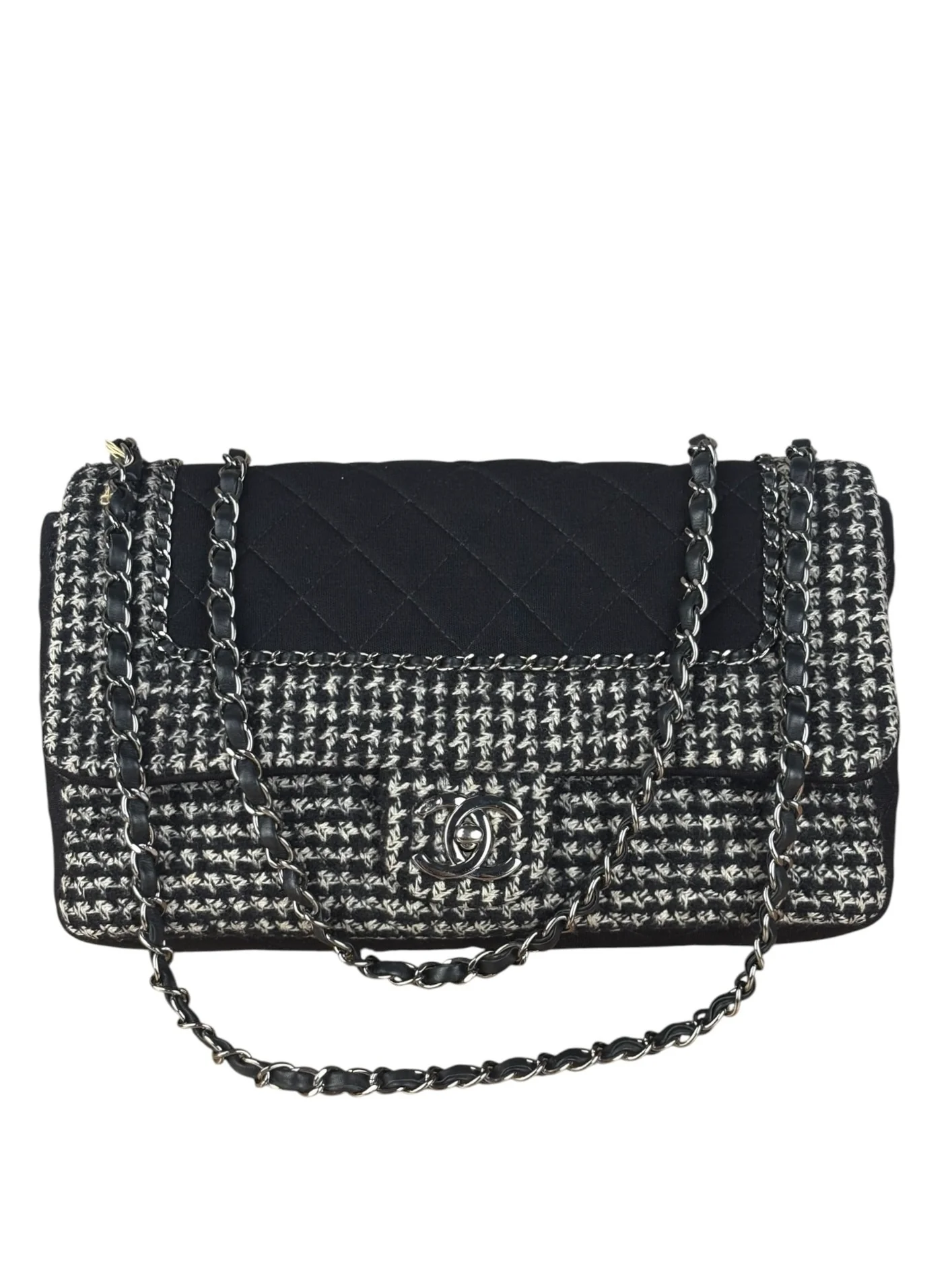 Chanel Black CC Quilted Jersey and Tweed Chain Flap Bag 2014 - Image 3