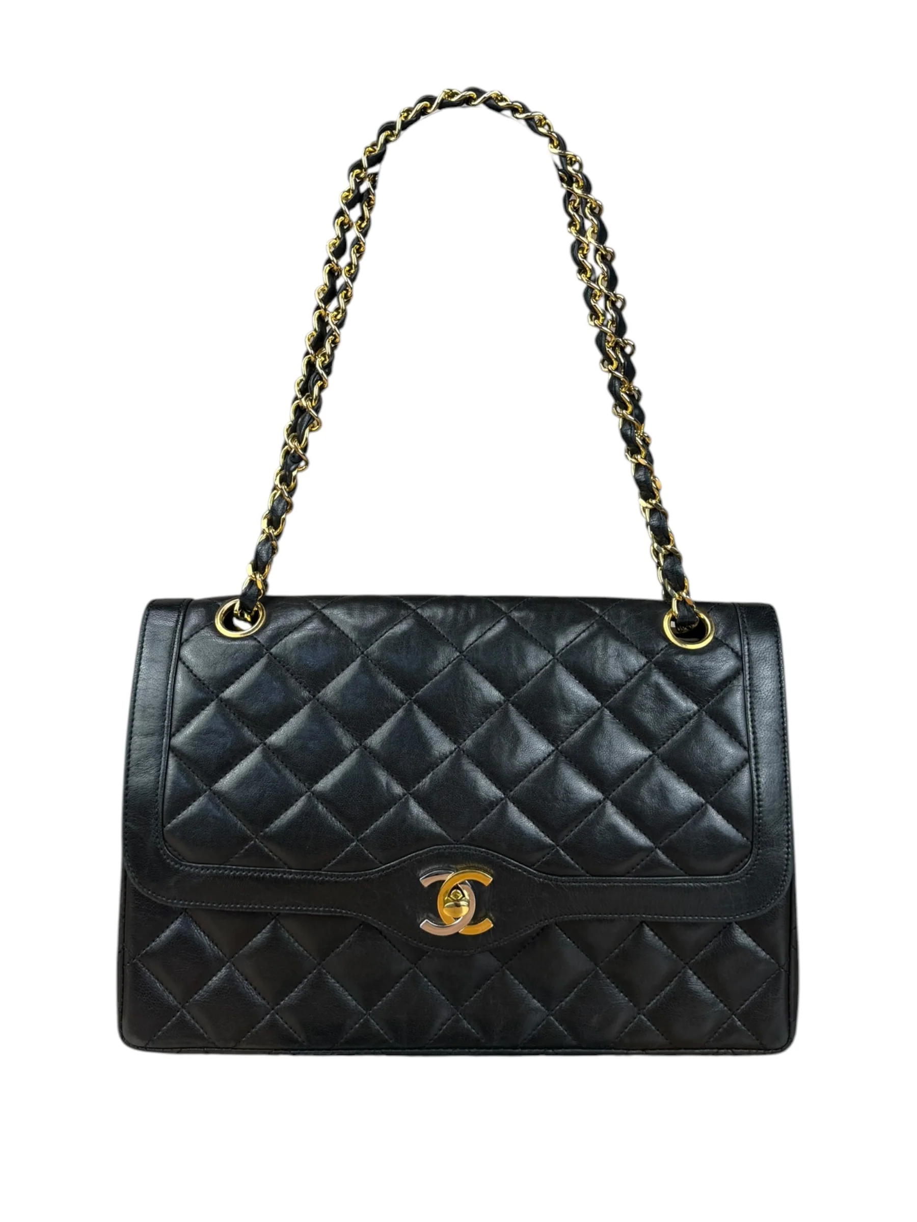 Chanel Black Quilted Leather Two-Tone CC Double Flap Bag 90s