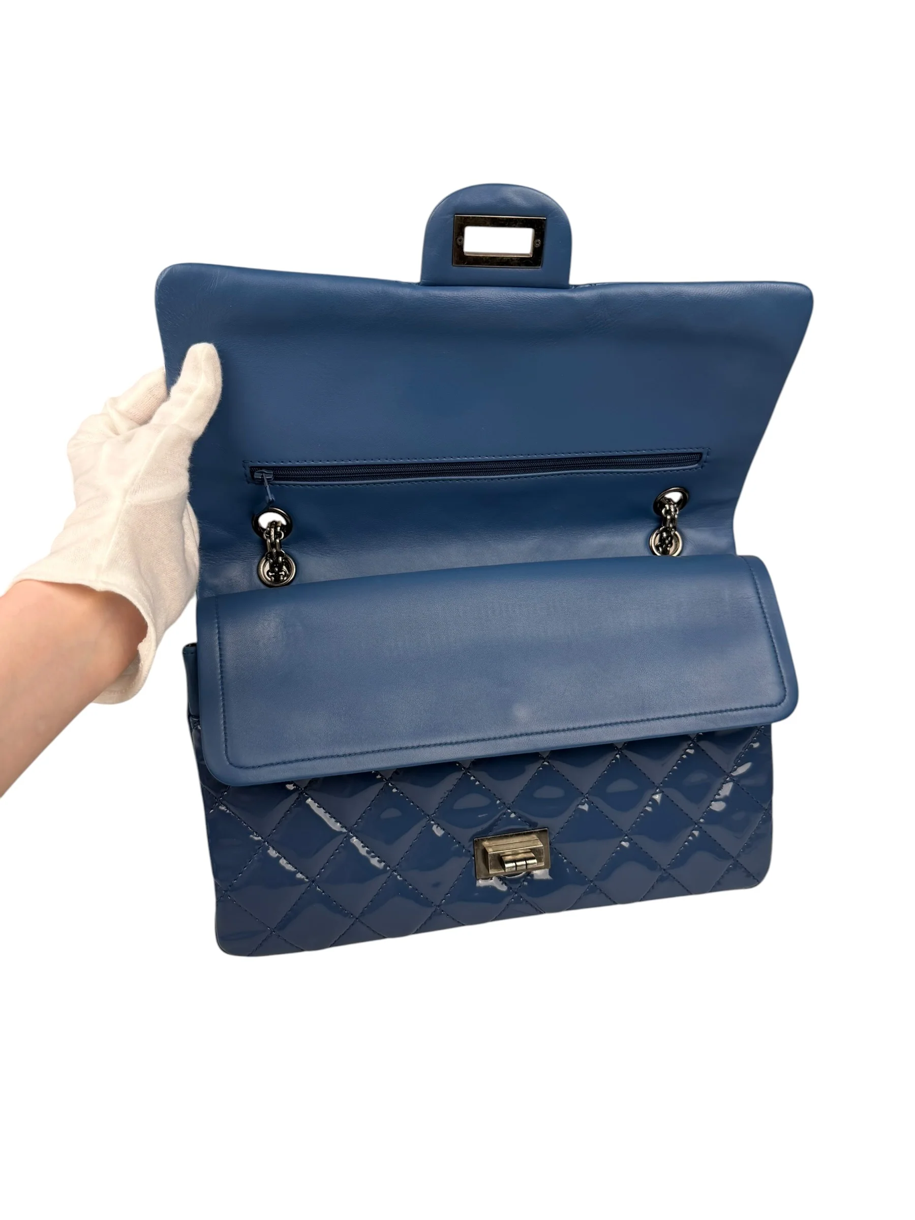 Chanel Blue Patent Quilted Jumbo Classic 2.55 Double Flap Bag 2011 - Image 4