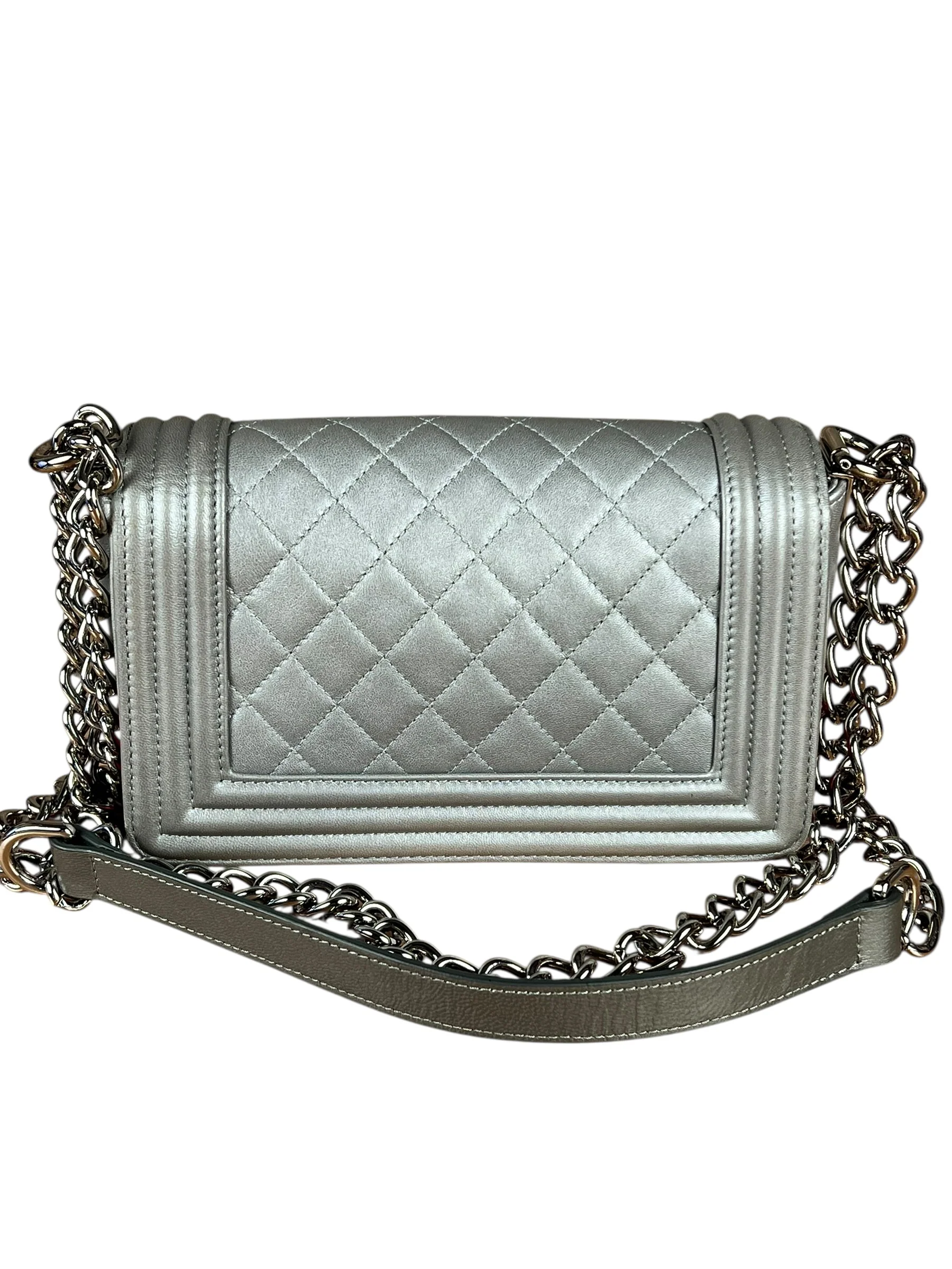 Chanel CC Silver Lambskin Quilted Boy Bag Red Stingray 2012 - Image 10