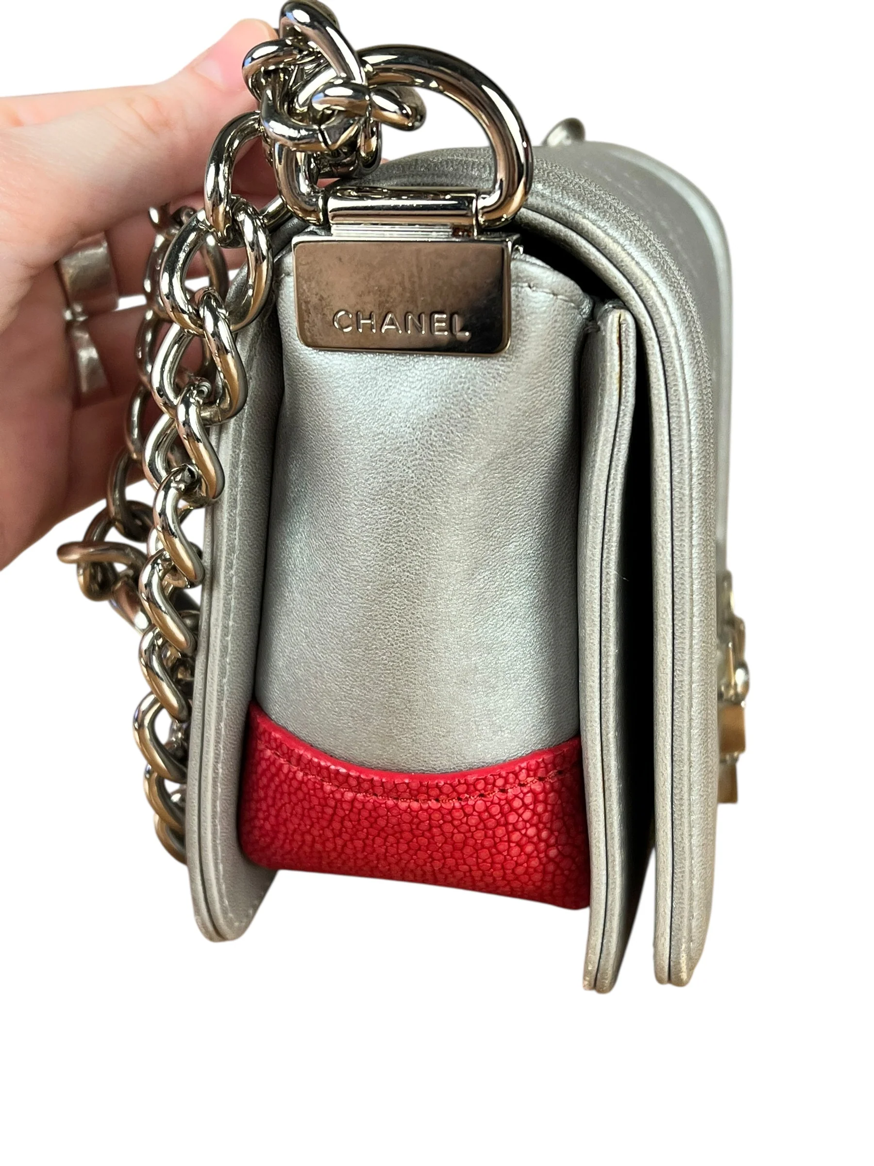 Chanel CC Silver Lambskin Quilted Boy Bag Red Stingray 2012 - Image 6