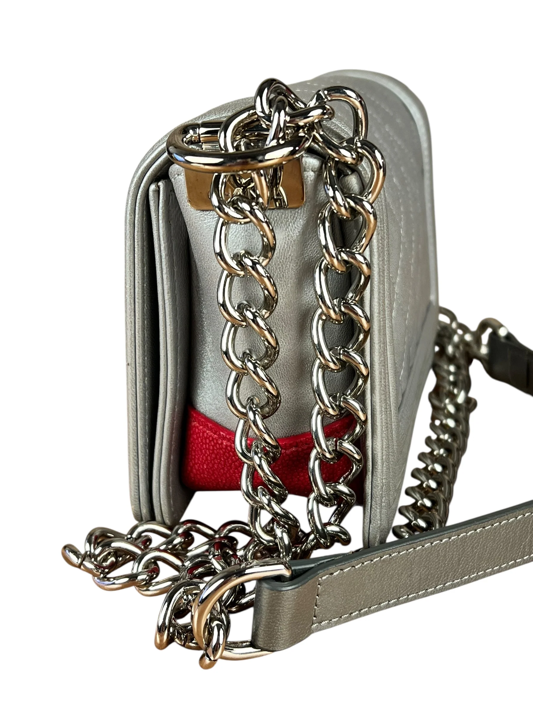 Chanel CC Silver Lambskin Quilted Boy Bag Red Stingray 2012 - Image 9