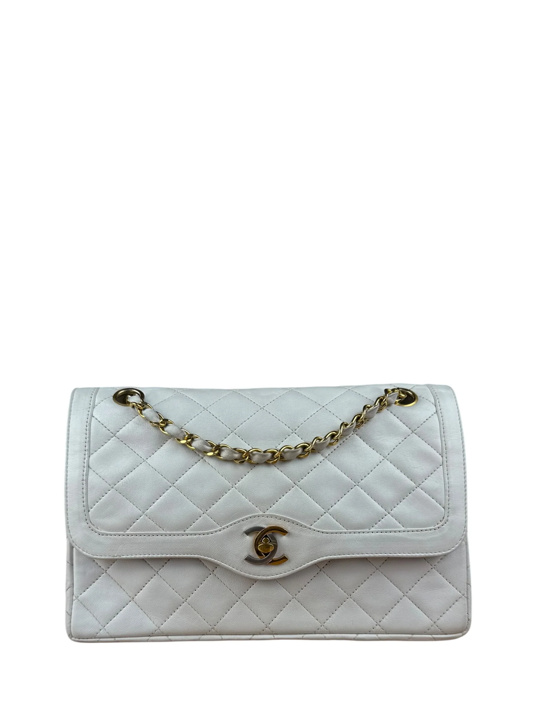 Chanel CC White Quilted Double Flap Bag 1988