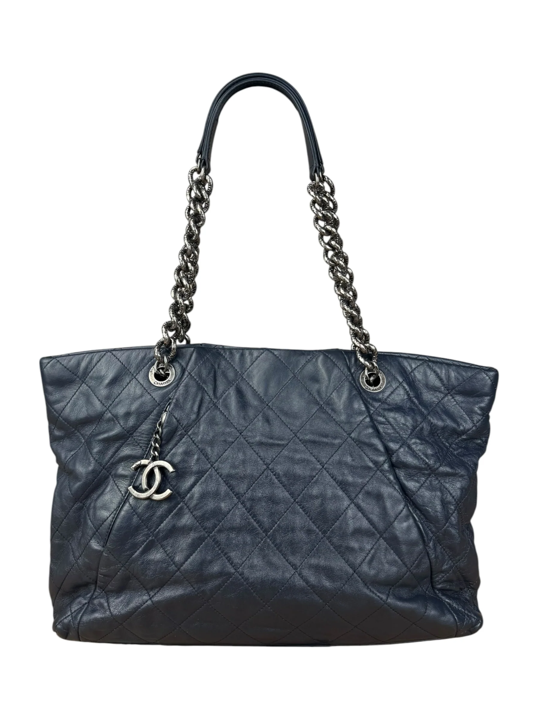 Chanel Dark Navy Quilted Leather Coco Pleats Chain Tote 2012