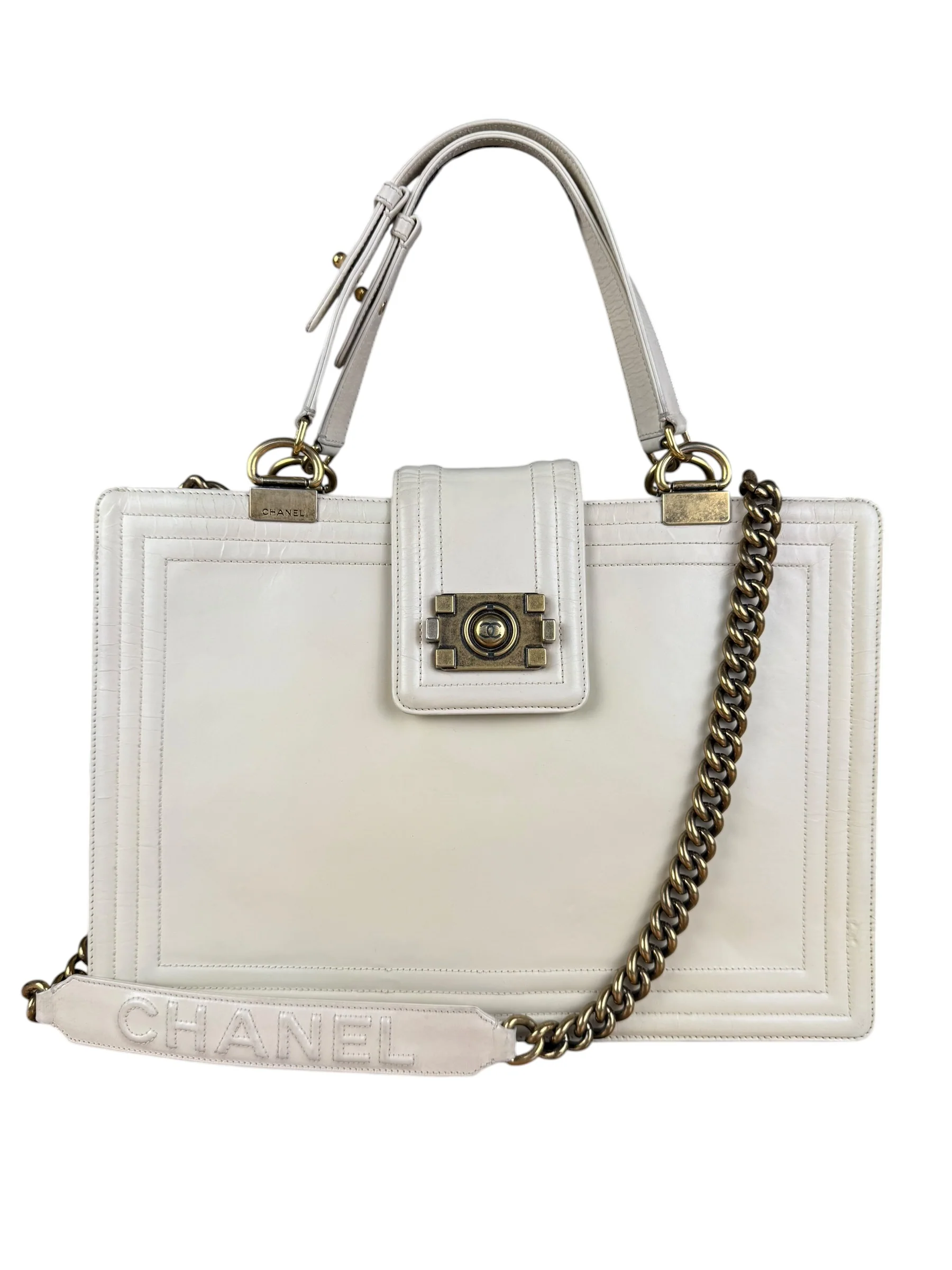 Chanel Ivory Leather Large Jetsetter Boy 2Way Handbag 2011 - Image 7