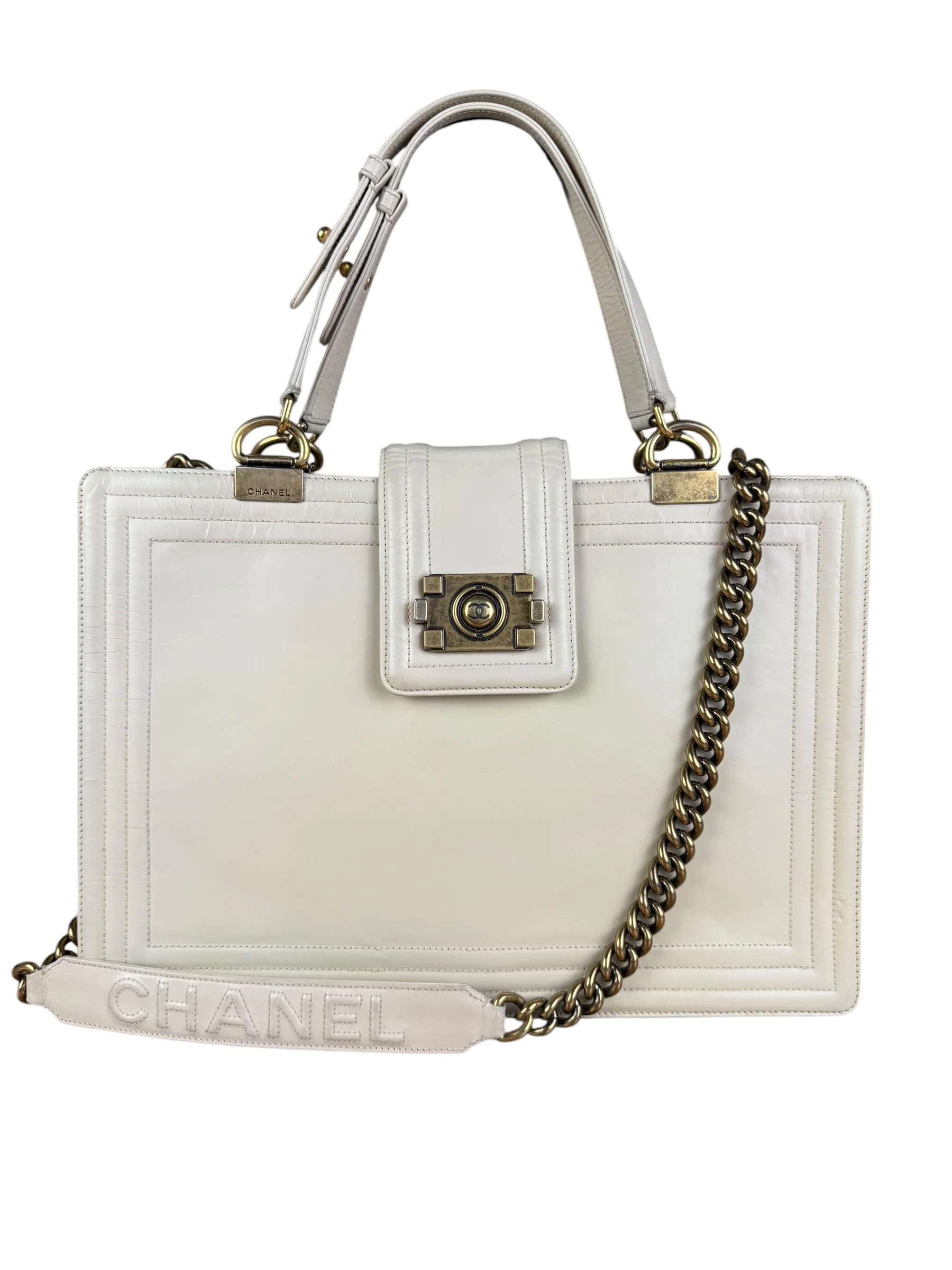 Chanel Ivory Leather Large Jetsetter Boy 2Way Handbag 2011 - Image 8