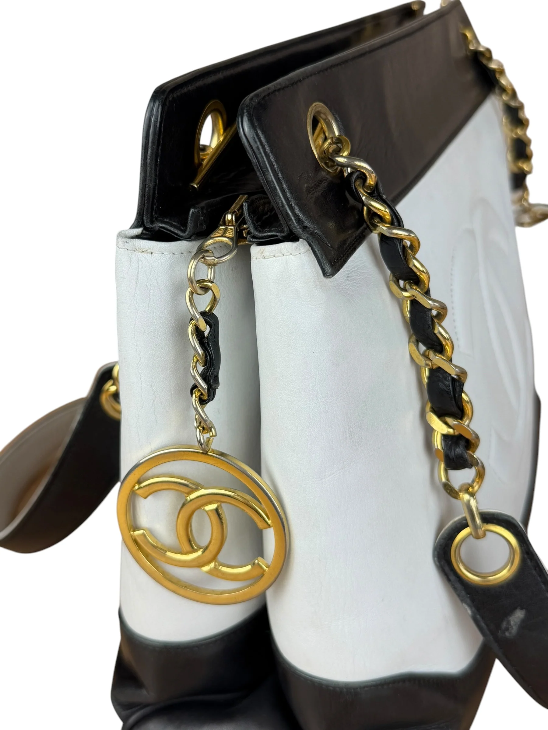 Chanel Vintage Black/White Leather CC Chain Tote '89-'91 - Image 6