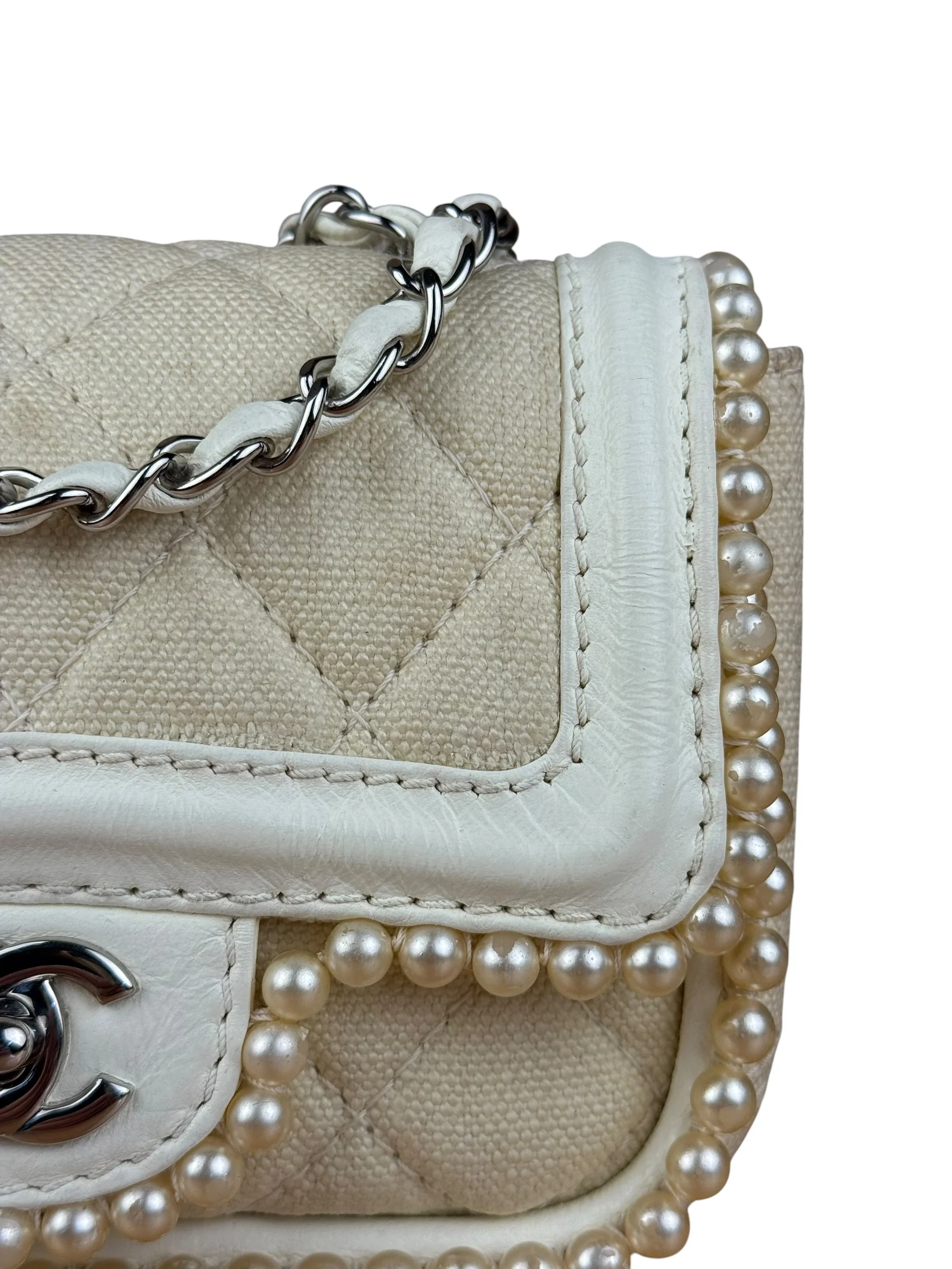 Chanel White Leather/Canvas Pearl Crossbody Flap 2003 - Image 2