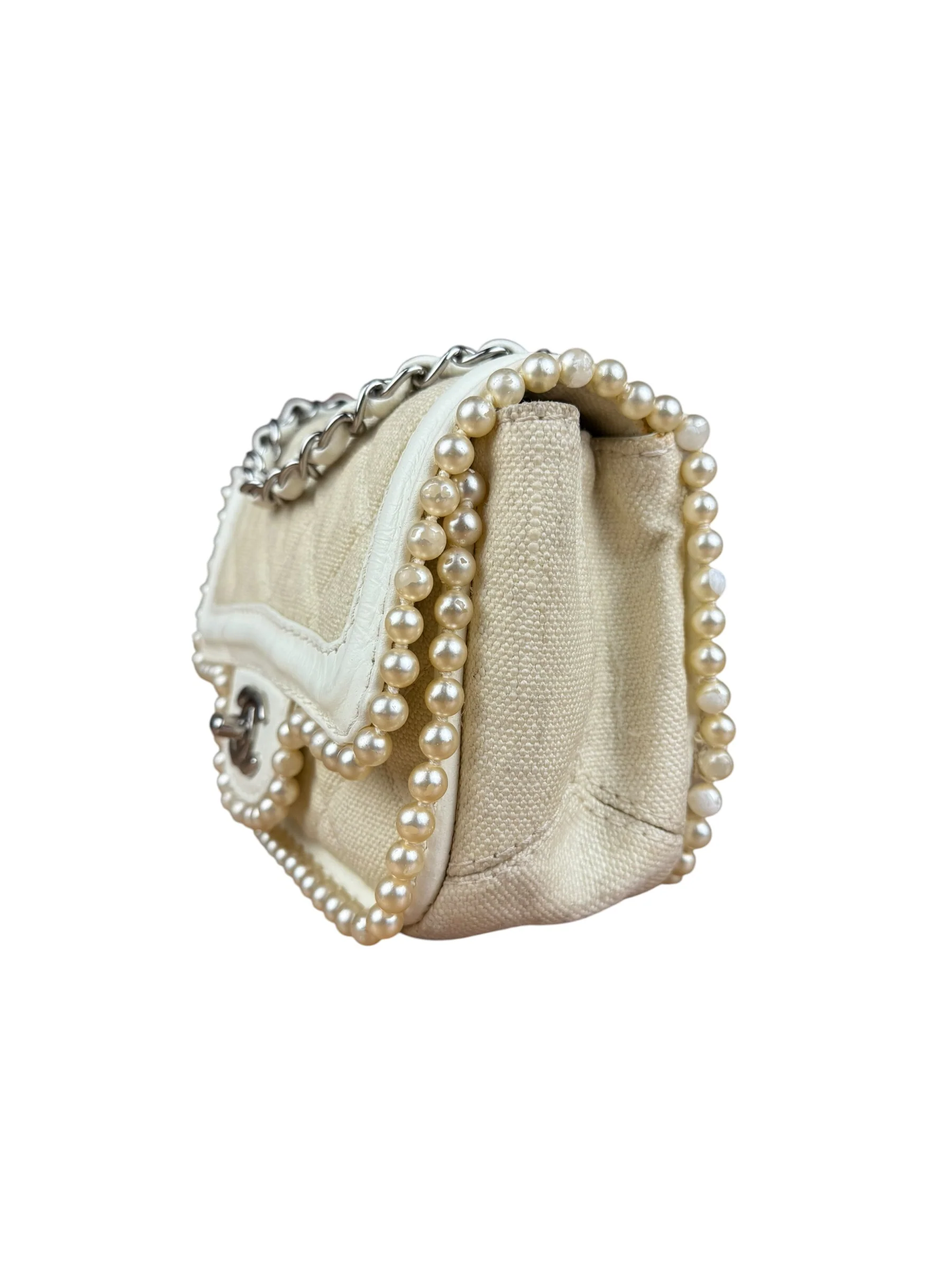 Chanel White Leather/Canvas Pearl Crossbody Flap 2003 - Image 5