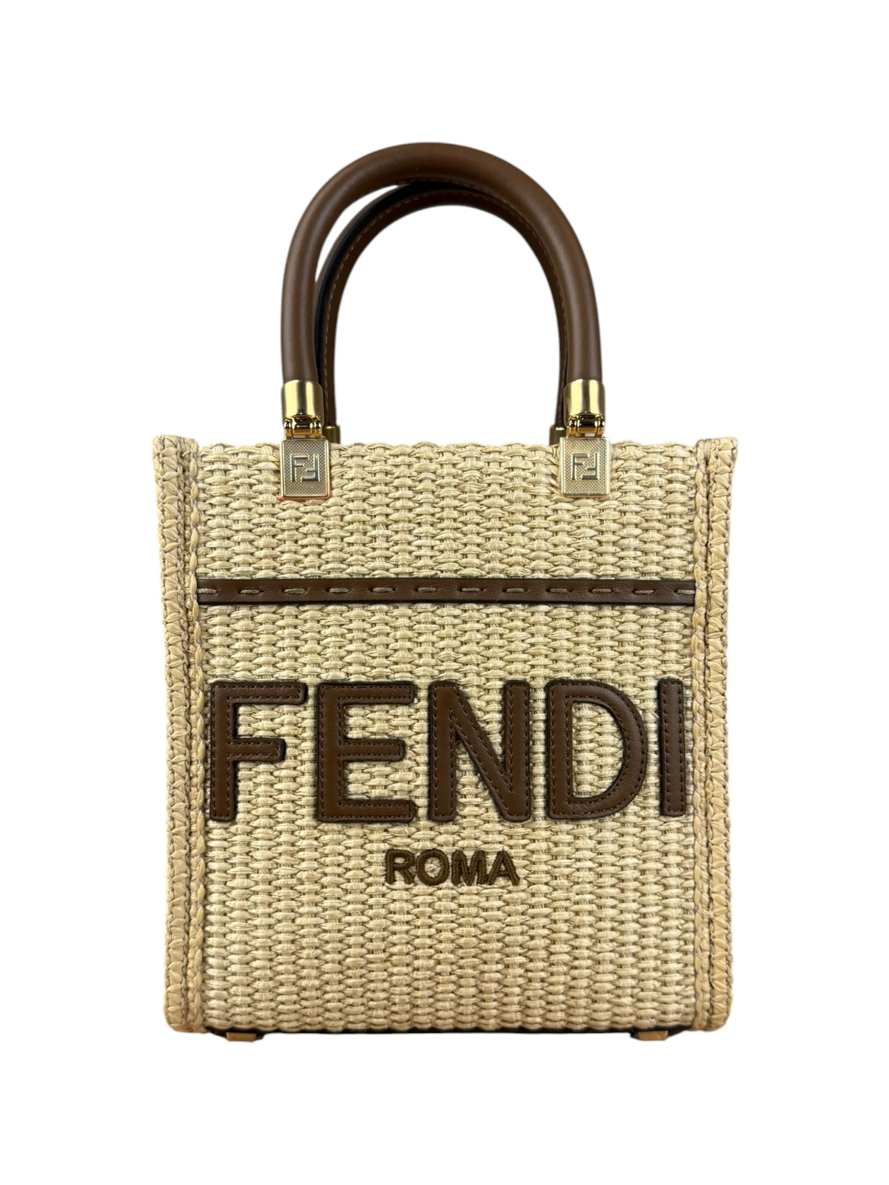 Fendi Mini Sunshine Shopper 2Way Tote Raffia/Leather