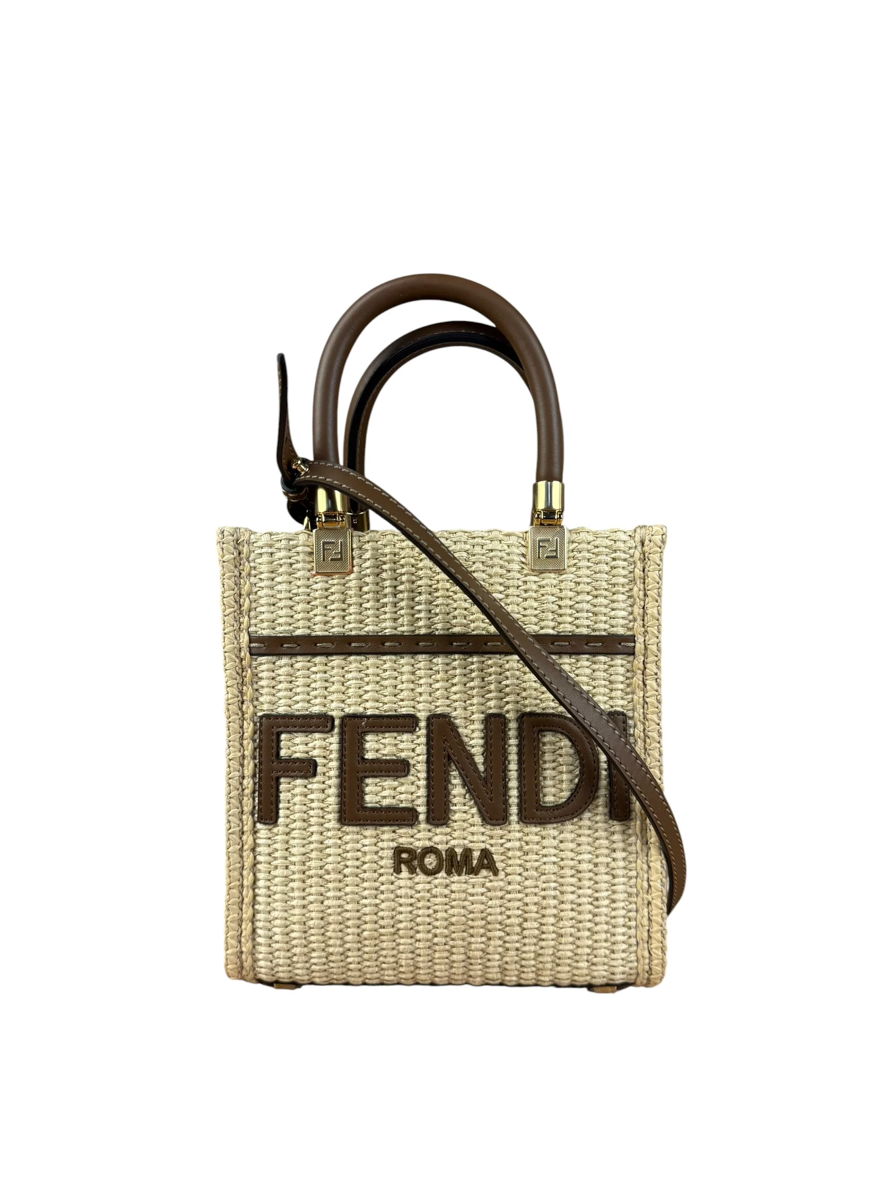 Fendi Mini Sunshine Shopper 2Way Tote Raffia/Leather - Image 3