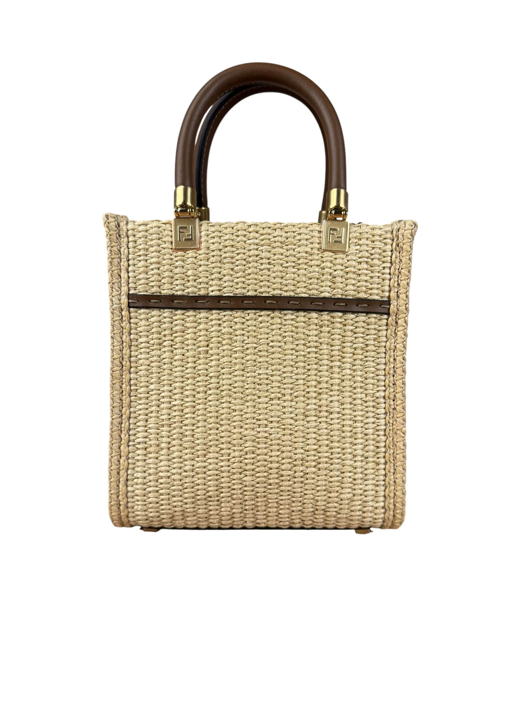 Fendi Mini Sunshine Shopper 2Way Tote Raffia/Leather - Image 9