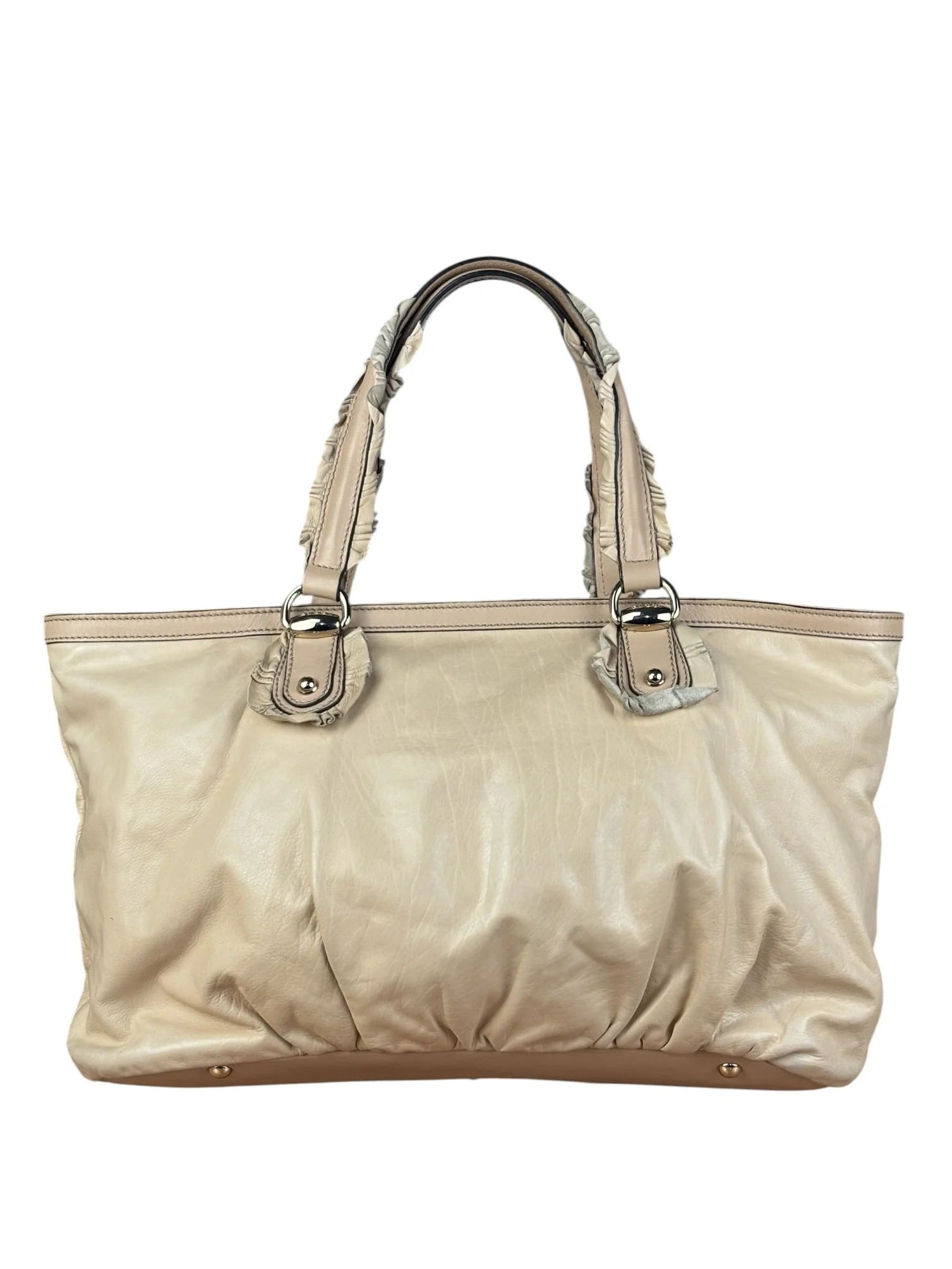 Gucci Vintage Beige Leather Ruched Handle Tote