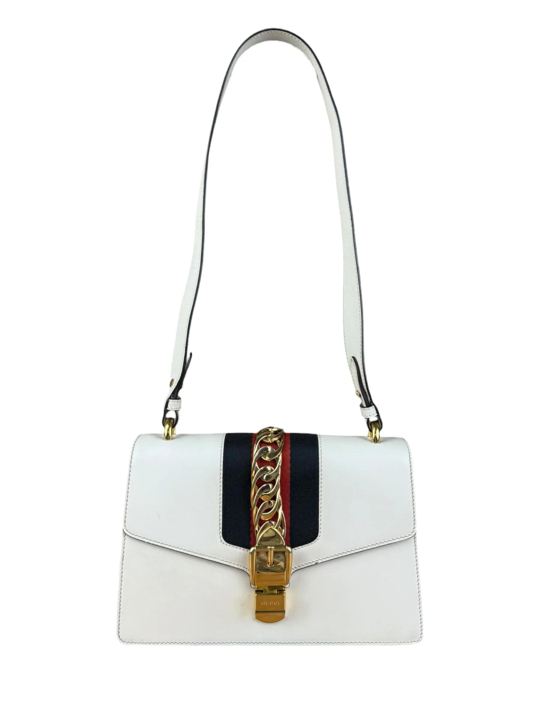 Gucci White Leather Sylvie Chain Shoulder Bag