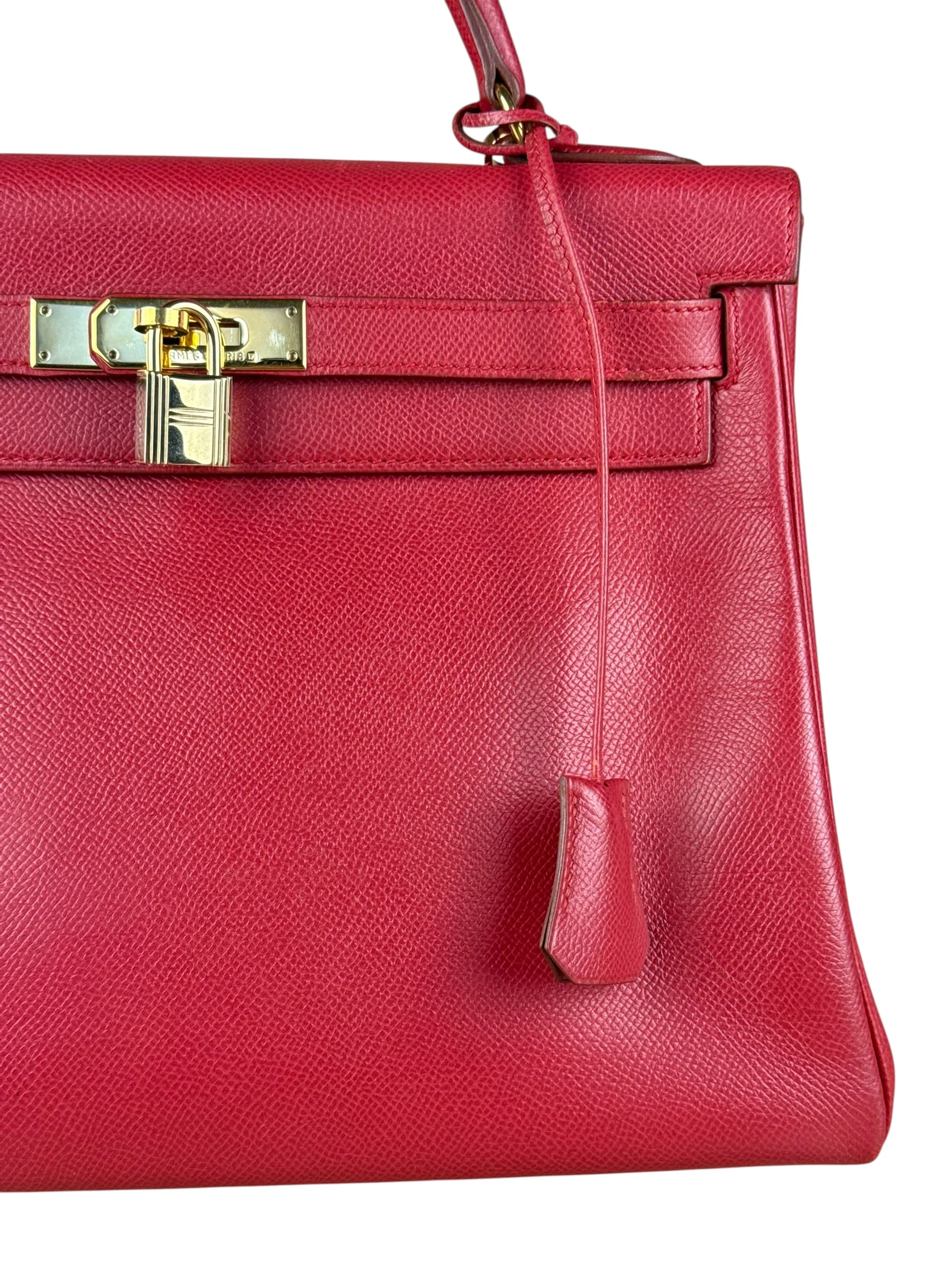 Hermes Kelly 32 Courchevel Rouge Vif Gold Handbag 1997 - Image 3