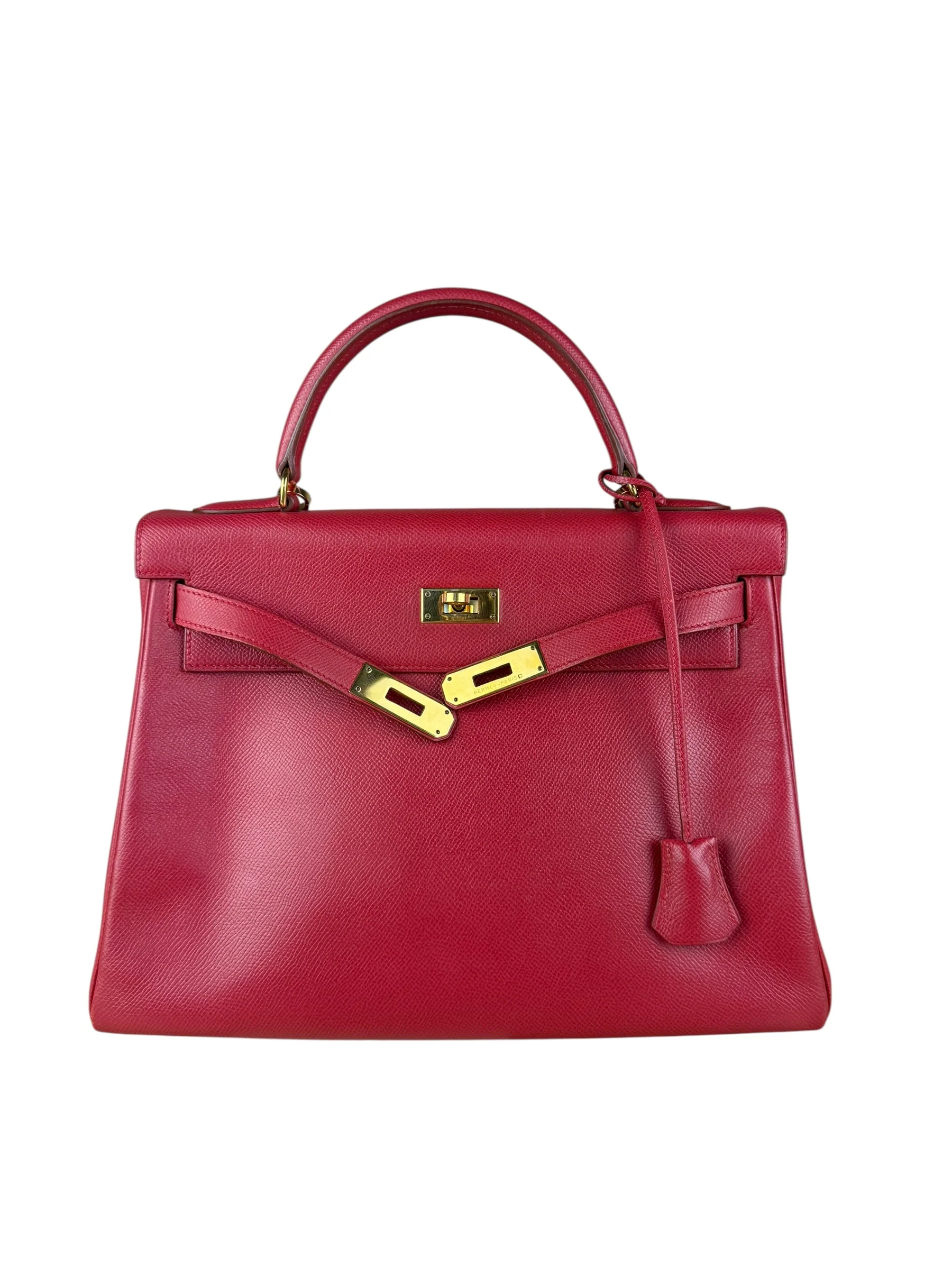 Hermes Kelly 32 Courchevel Rouge Vif Gold Handbag 1997 - Image 4