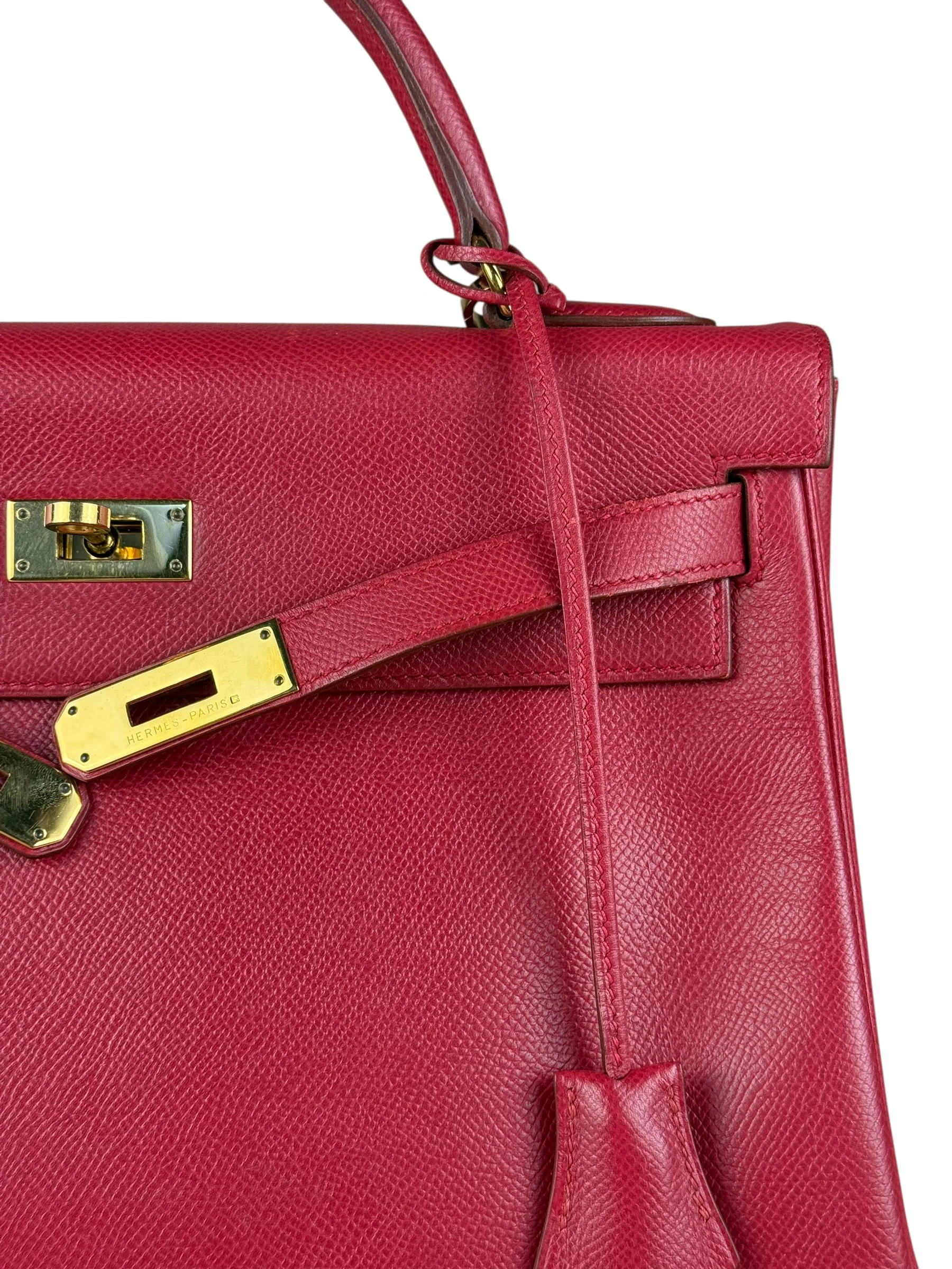 Hermes Kelly 32 Courchevel Rouge Vif Gold Handbag 1997 - Image 5