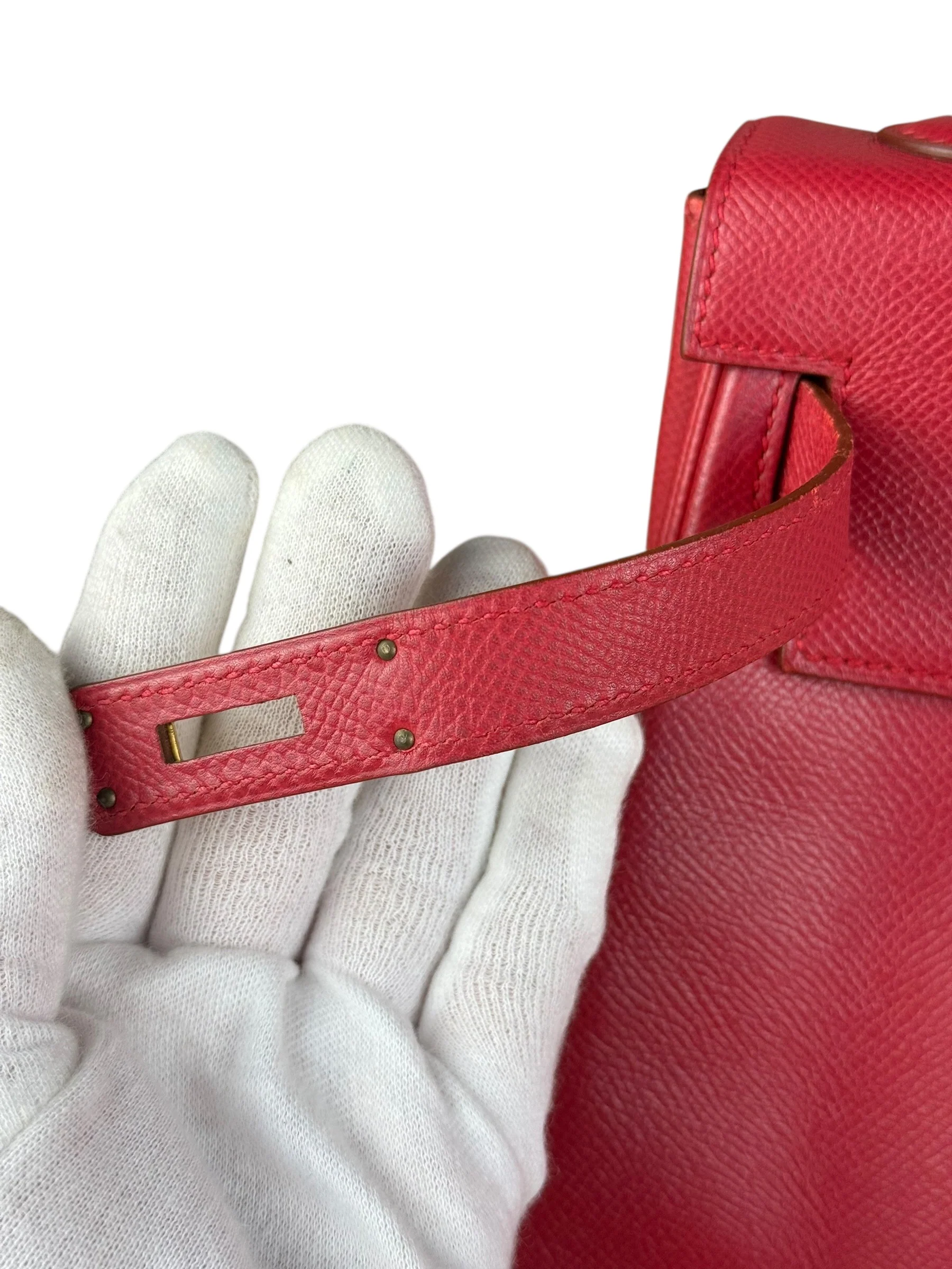 Hermes Kelly 32 Courchevel Rouge Vif Gold Handbag 1997 - Image 6
