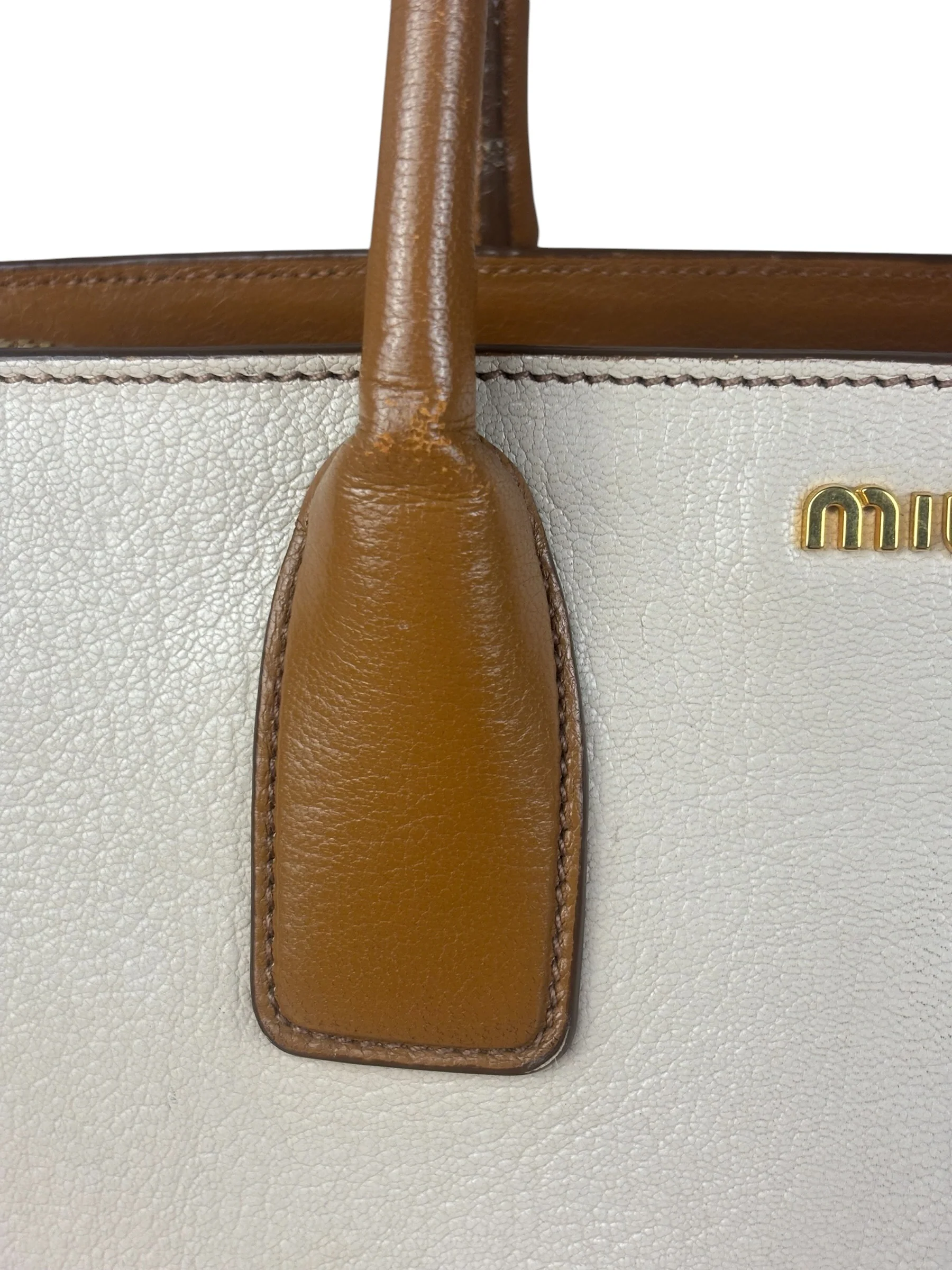 Miu Miu Beige/Brown Bicolor Leather Madras Handbag - Image 16