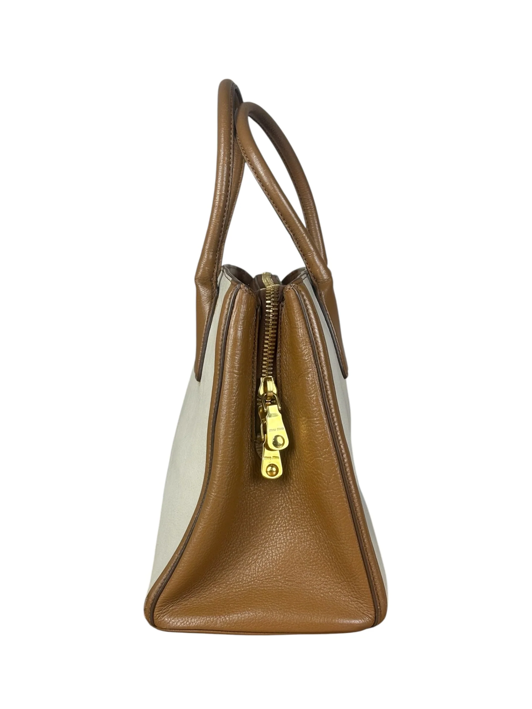 Miu Miu Beige/Brown Bicolor Leather Madras Handbag - Image 4