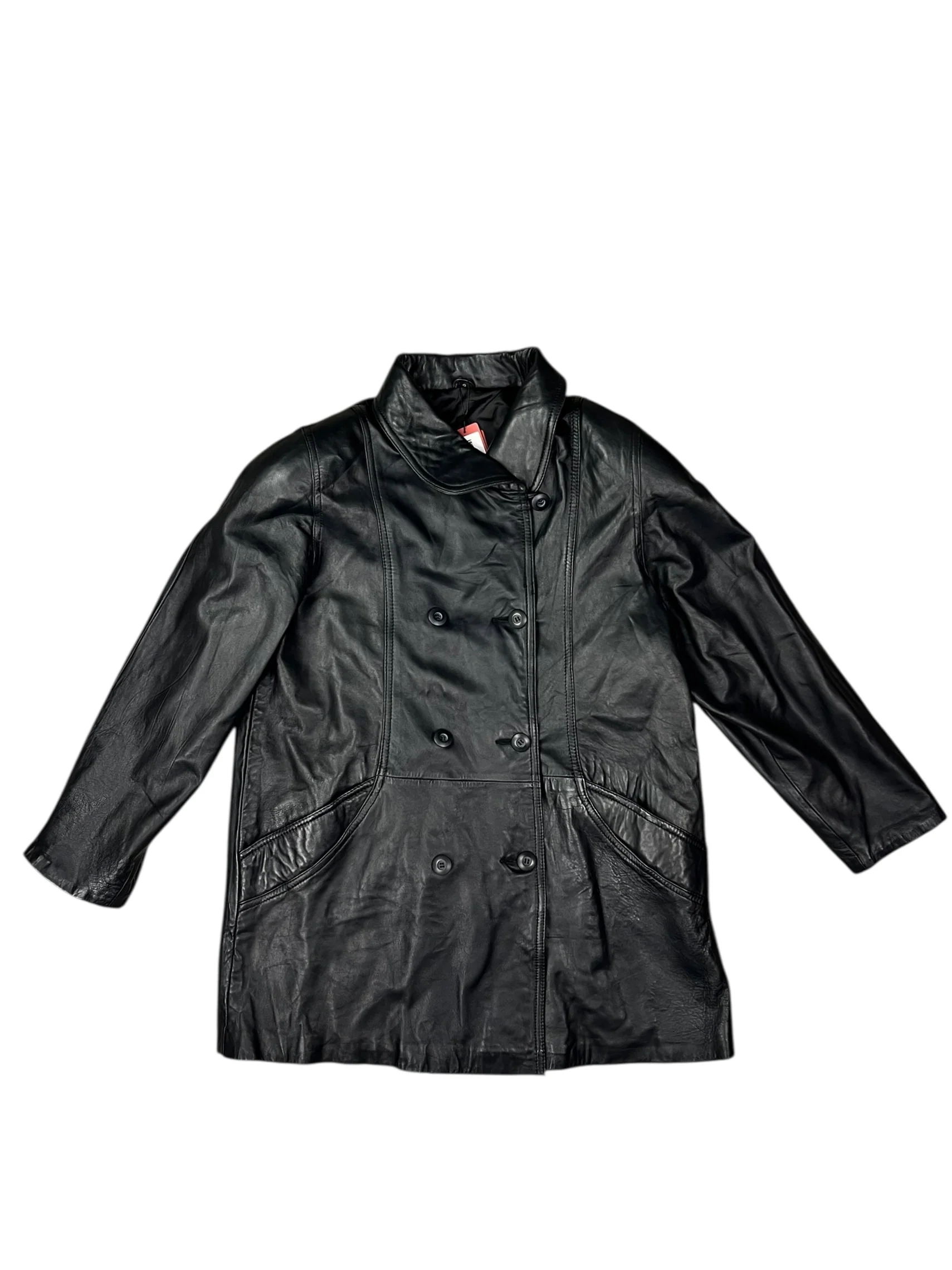 Vintage Black Vegan Leather Long Coat - Image 2